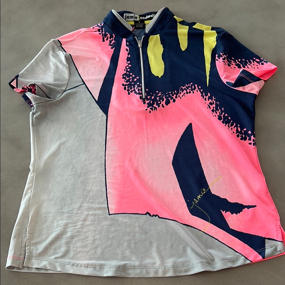Jamie Sadock Navy and Pink Abstract Zip Polo